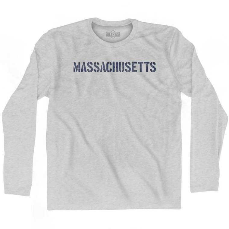 Massachusetts State Stencil Adult Cotton Long Sleeve T-Shirt - Grey Heather