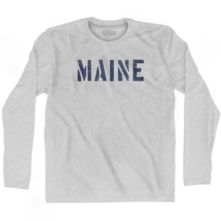 Maine State Stencil Adult Cotton Long Sleeve T-Shirt - Grey Heather