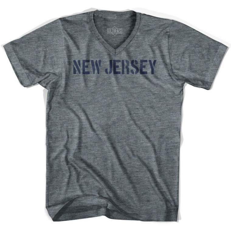 New Jersey State Stencil Adult Tri-Blend V-neck Womens T-shirt - Athletic Grey