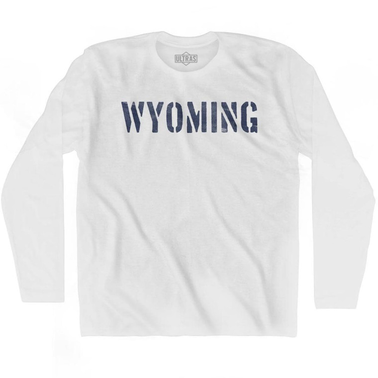 Wyoming State Stencil Adult Cotton Long Sleeve T-shirt - White