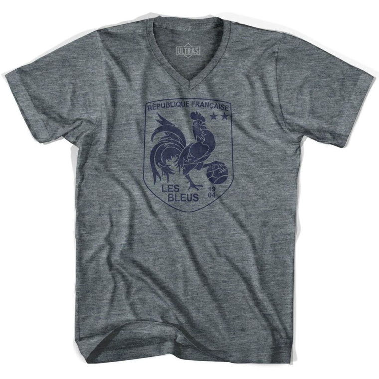 France Rooster Shield 2018 World Cup Champions Adult Tri-Blend V-neck Soccer T-shirt - Athletic Grey
