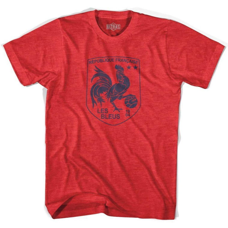 France Rooster Shield 2018 World Cup Champions Adult Tri-Blend Soccer T-shirt - Heather Red