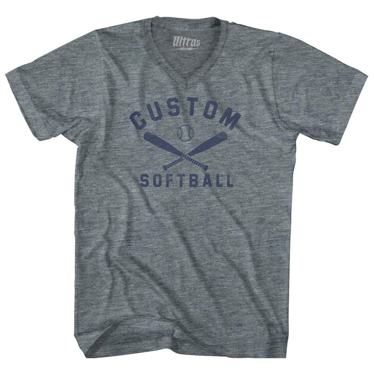 Custom Softball Adult Tri-Blend V-neck T-shirt - Athletic Grey