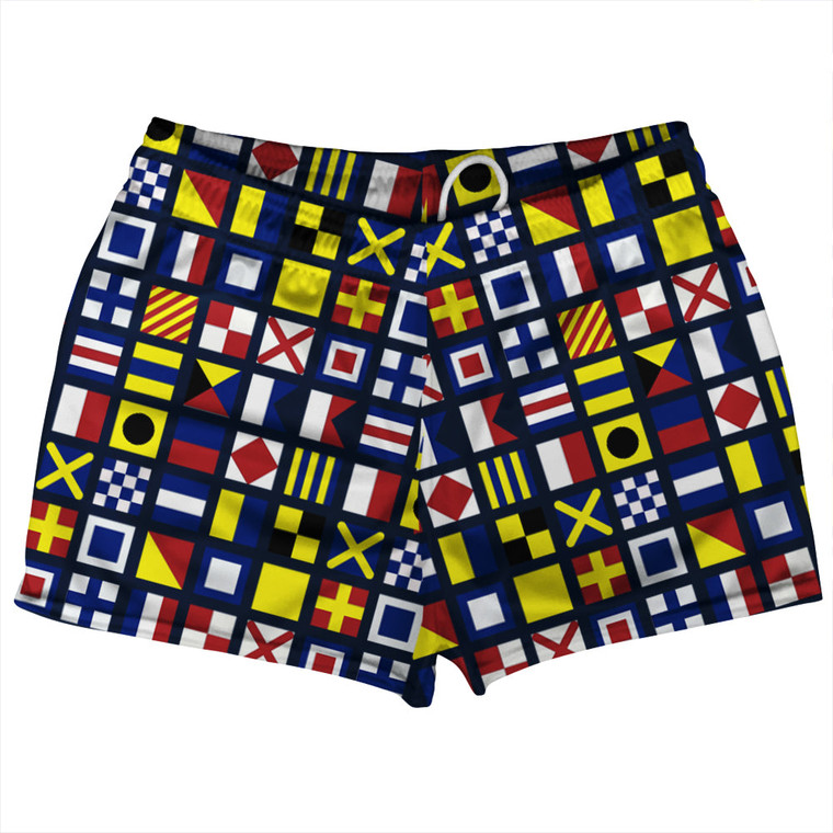Nautical Sailing Flags Shorty Short Gym Shorts 2.5" Inseam Made In USA - Navy