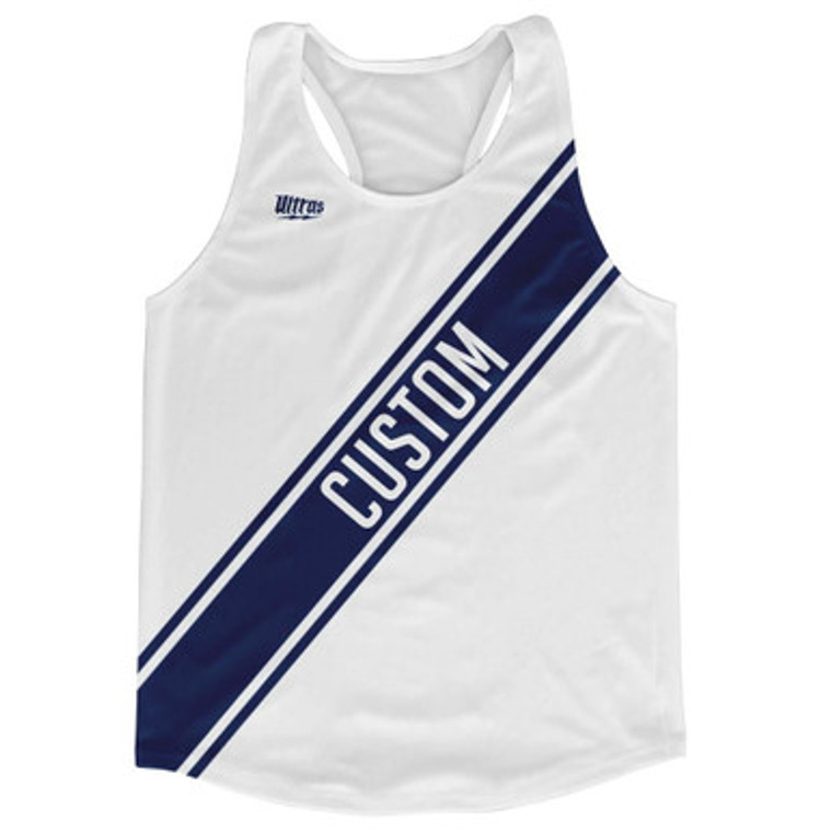 White & Navy Blue Custom Sash Running Tank Top Racerback Track & Cross Country Singlet Jersey - White & Navy Blue