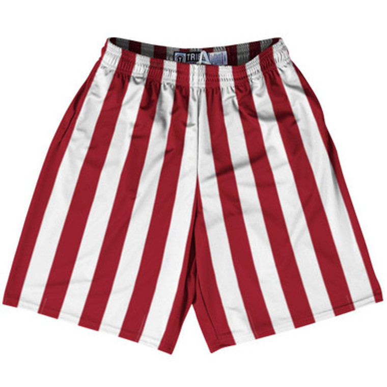 Cardinal Red & White Vertical Stripe Lacrosse Shorts Made In USA by Tribe Lacrosse