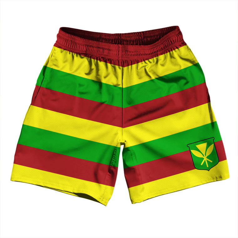 Hawaii Kanaka Maoli Flag Athletic Running Fitness Exercise Shorts 7" Inseam Shorts Made In USA - Yellow Red Green