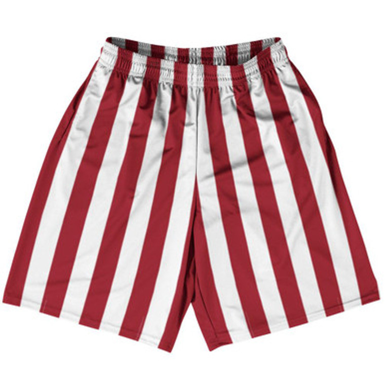 Cardinal Red & White Vertical Stripe Basketball Practice Shorts Made In USA by Ultras Basketball