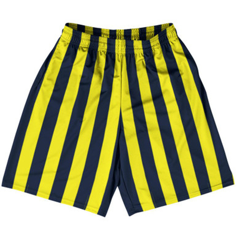 Navy Blue & Canary Yellow Vertical Stripe Basketball Practice Shorts Made In USA by Ultras Basketball