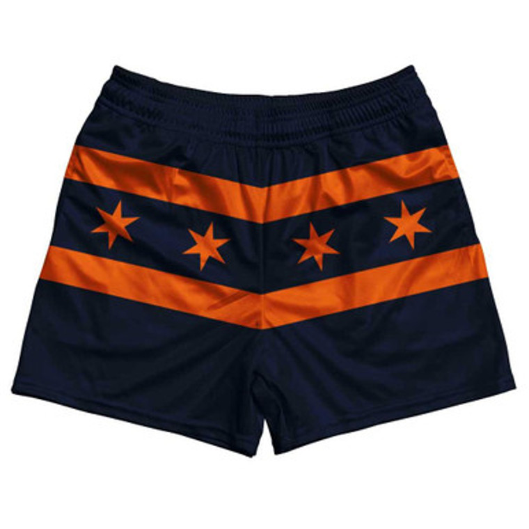Chicago Flag Navy & Orange Rugby Gym Short 5 Inch Inseam With Pockets Made In USA - Navy & Orange