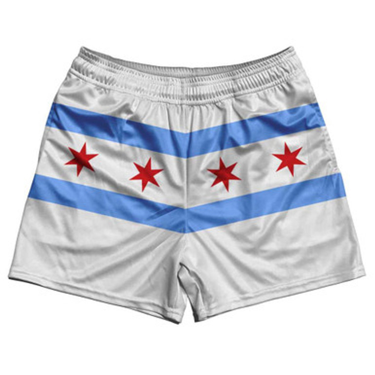Chicago Flag White Rugby Gym Short 5 Inch Inseam With Pockets Made In USA - White