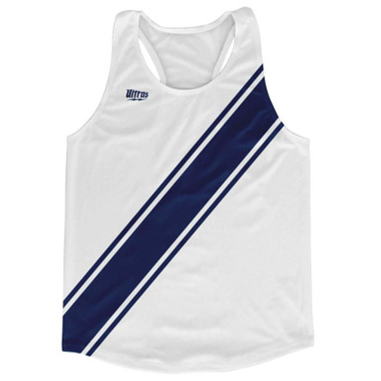 White & Navy Blue Sash Running Tank Top Racerback Track & Cross Country Singlet Jersey Made In USA - White & Navy Blue