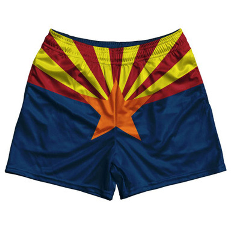 Arizona State Flag Rugby Gym Short 5 Inch Inseam With Pockets Made In USA - Blue Yellow