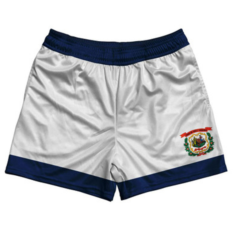 West Virginia State Flag Rugby Gym Short 5 Inch Inseam With Pockets Made In USA - Blue White