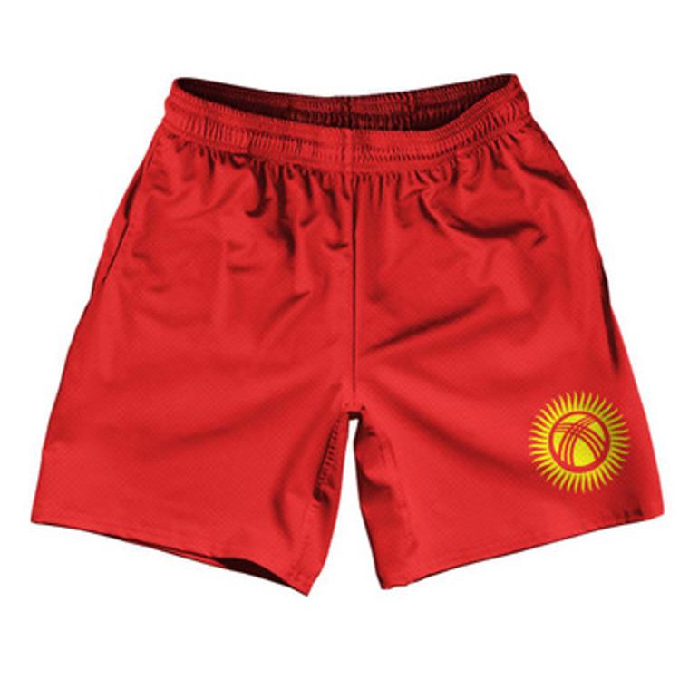 Kyrgyzstan Country Flag Athletic Running Fitness Exercise Shorts 7" Inseam Made In USA - Red Yellow