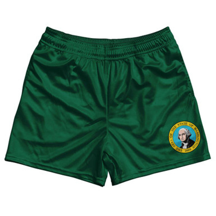 Washington State Flag Rugby Gym Short 5 Inch Inseam With Pockets Made In USA - Green