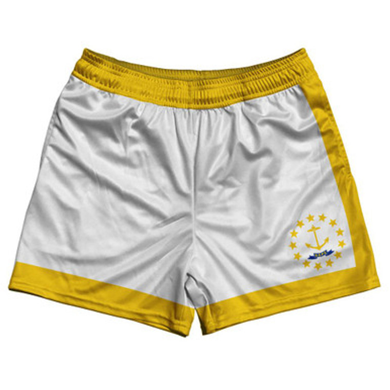 Rhode Island State Flag Rugby Gym Short 5 Inch Inseam With Pockets Made In USA - White Yellow