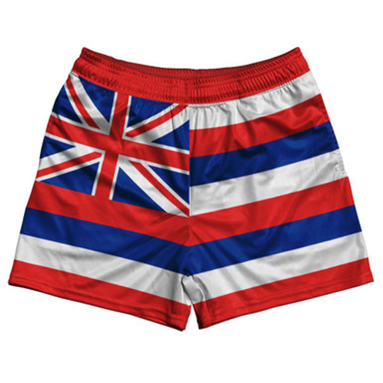 Hawaii State Flag Rugby Gym Short 5 Inch Inseam With Pockets Made In USA - Blue White