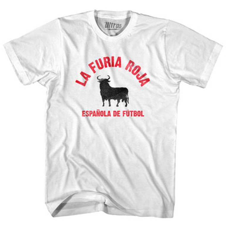 Spain La Furia Roja Bull Womens Cotton Soccer Junior Cut T-shirt - White