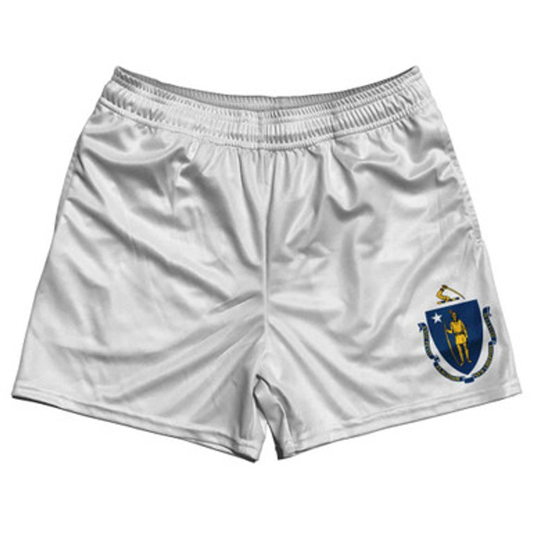 Massachusetts State Flag Rugby Gym Short 5 Inch Inseam With Pockets Made In USA - White