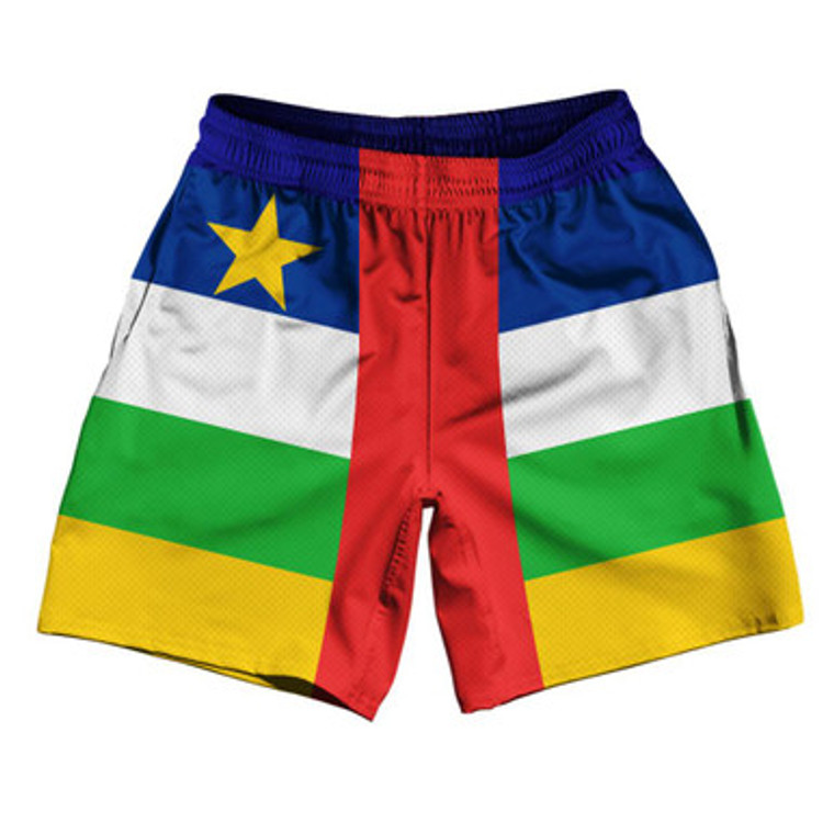 Central African Republic Country Flag Athletic Running Fitness Exercise Shorts 7" Inseam Made In USA - Blue Yellow Green