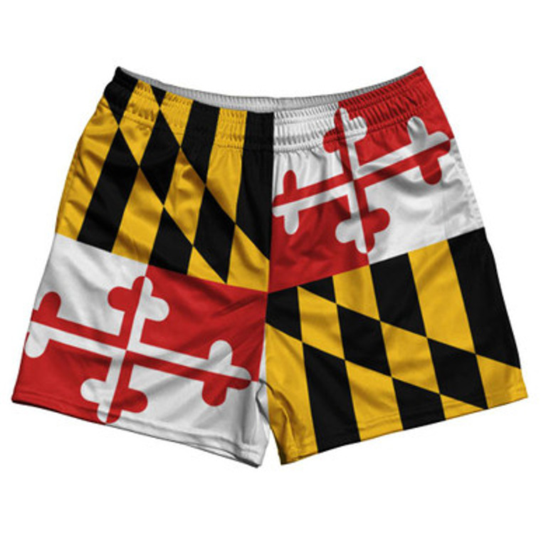 Maryland State Flag Rugby Gym Short 5 Inch Inseam With Pockets Made In USA - White Red