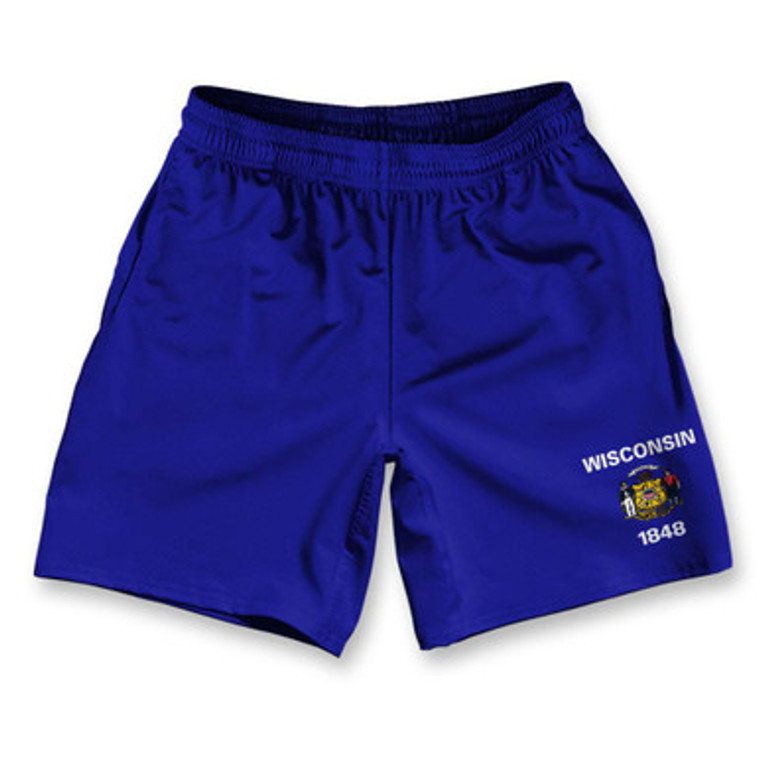 Wisconsin State Flag Athletic Running Fitness Exercise Shorts 7" Inseam Made in USA - Blue