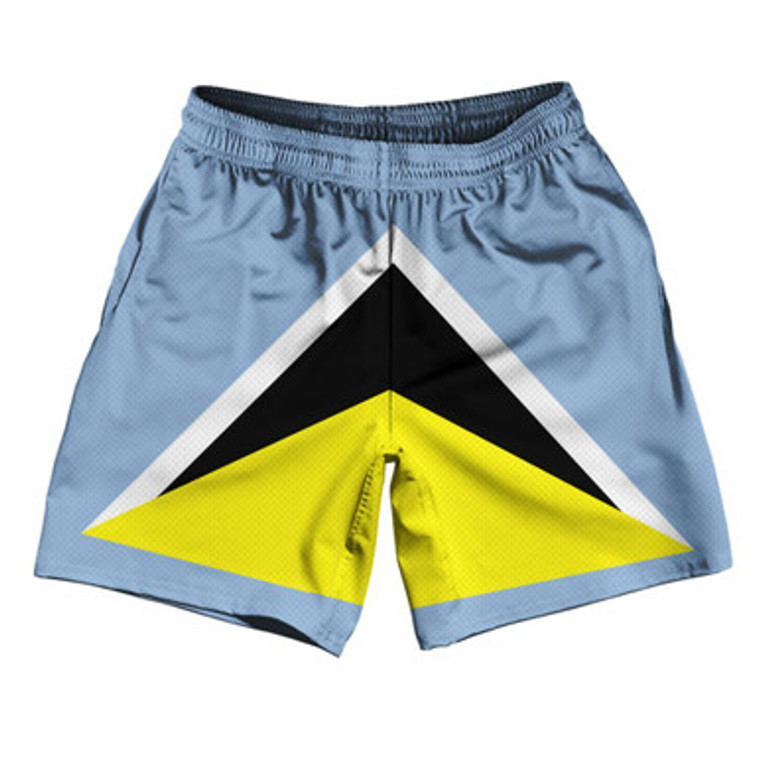 Saint Lucia Country Flag Athletic Running Fitness Exercise Shorts 7" Inseam Made In USA-Light Blue Yellow