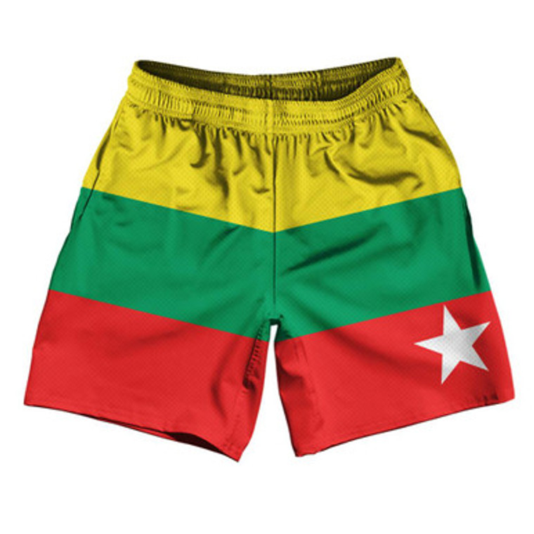 Myanmar Country Flag Athletic Running Fitness Exercise Shorts 7" Inseam Made In USA-Green Yellow Red