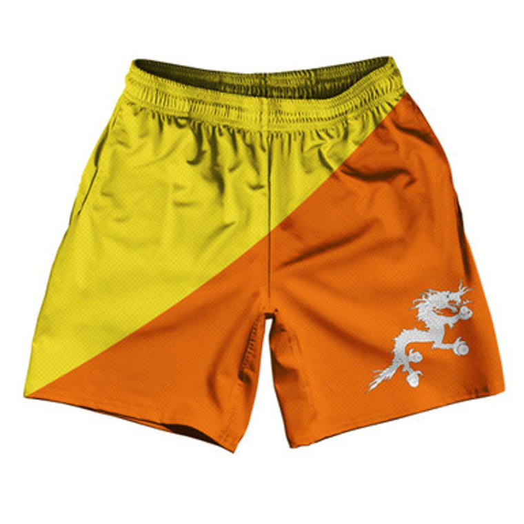 Bhutan Country Flag Athletic Running Fitness Exercise Shorts 7" Inseam Made In USA - Yellow Orange