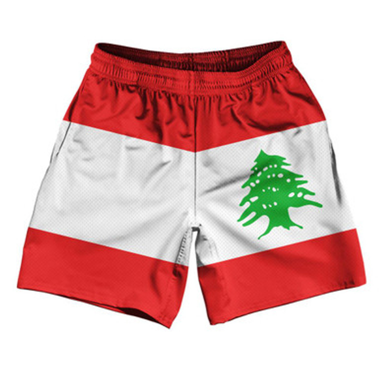 Lebanon Country Flag Athletic Running Fitness Exercise Shorts 7" Inseam Made In USA - Red White