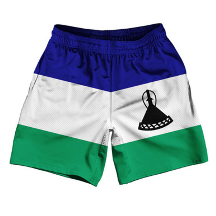 Lesotho Country Flag Athletic Running Fitness Exercise Shorts 7" Inseam Made In USA - Blue White Green