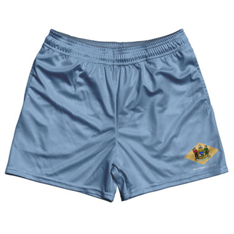 Delaware State Flag Rugby Gym Short 5 Inch Inseam With Pockets Made In USA - Light Blue