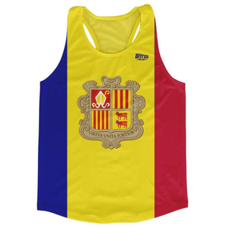 Andorra Country Flag Running Tank Top Racerback Track and Cross Country Singlet Jersey Made In USA - Blue Red Yellow