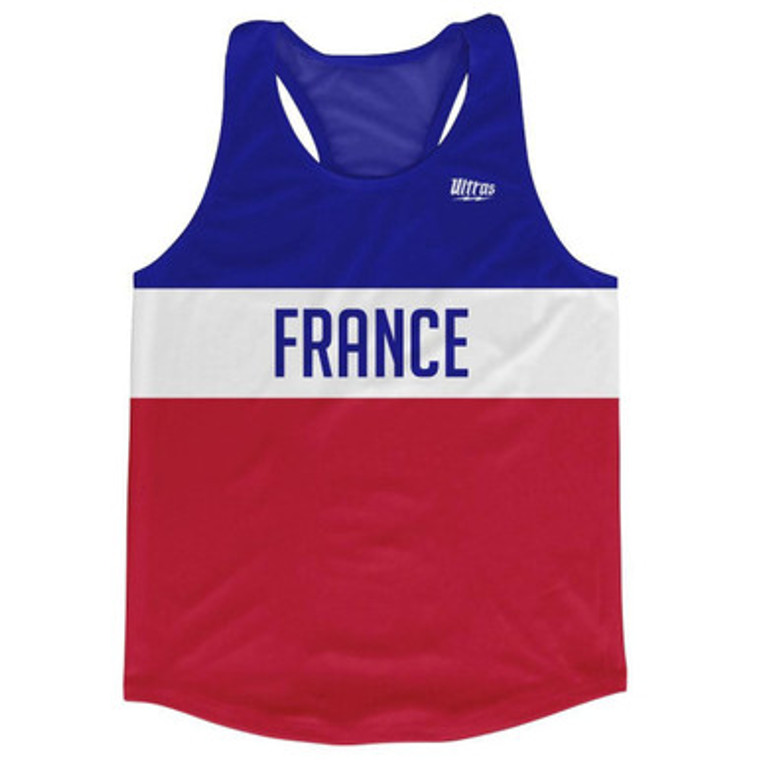 France Country Finish Line Running Tank Top Racerback Track and Cross Country Singlet Jersey Made In USA - Red White Blue