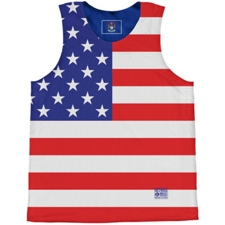 American Flag and Michigan State Flag Reversible Basketball Practice Singlet Jersey - Red White