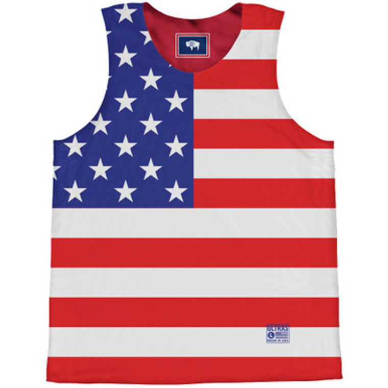 American Flag and Wyoming State Flag Reversible Basketball Practice Singlet Jersey - Red White