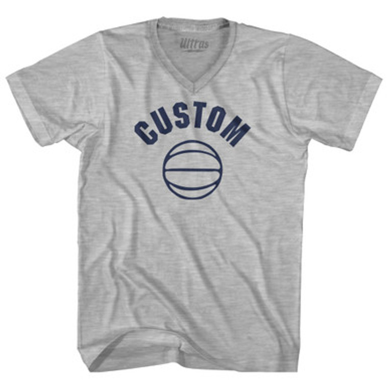 Custom Basketball Old School Ball Adult Cotton V-neck T-shirt - Grey Heather