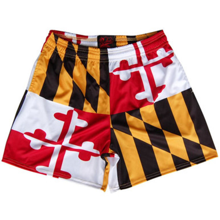 Maryland Flag Rugby Gym Short 5 Inch Inseam With Pockets Made In USA - Red Yellow & Black