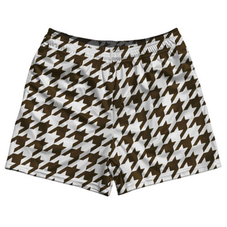 Brown Dark And White Houndstooth Rugby Gym Short 5 Inch Inseam With Pockets Made In USA