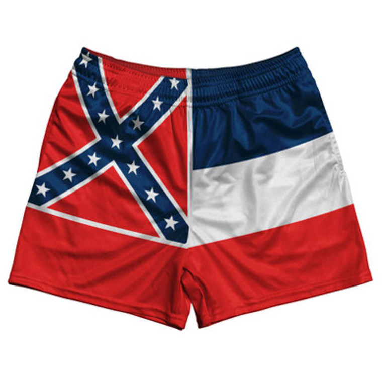 Mississippi State Flag Rugby Gym Short 5 Inch Inseam With Pockets Made In USA - Blue Red