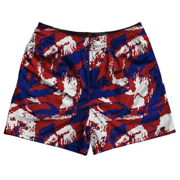 USA Red White and Blue Castle Camo Rugby Gym Short 5 Inch Inseam With Pockets Made In USA - Red White Blue