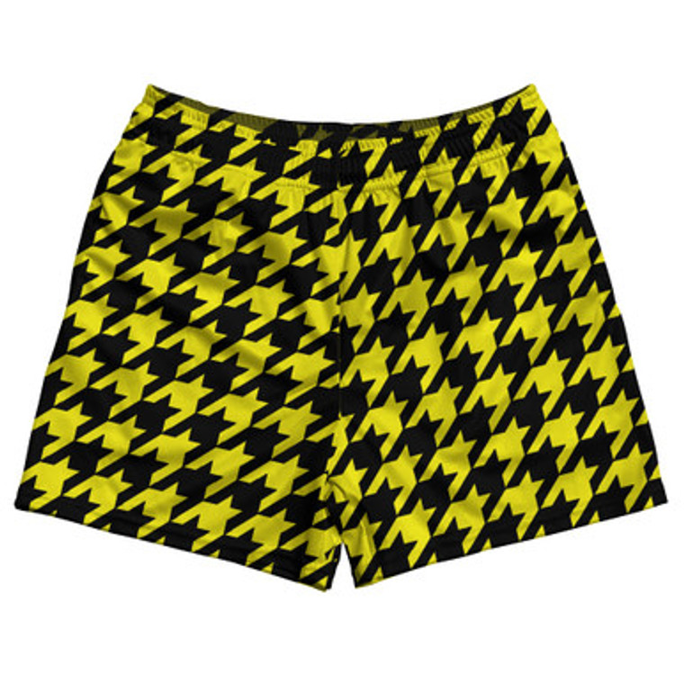 Yellow Bright And Black Houndstooth Rugby Gym Short 5 Inch Inseam With Pockets Made In USA