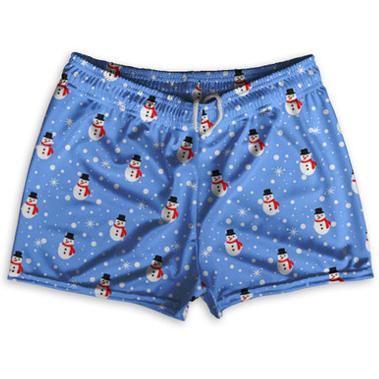 Snowman Christmas Shorty Short Gym Shorts 2.5" Inseam Made In USA - Blue