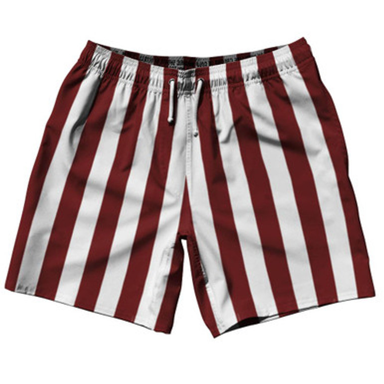 Maroon Red & White Vertical Stripe Swim Shorts 7.5" Made in USA by Ultras