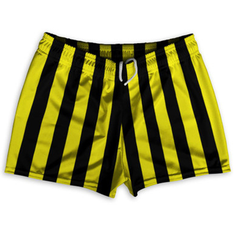 Canary Yellow & Black Vertical Stripe Shorty Short Gym Shorts 2.5" Inseam Made In USA by Ultras