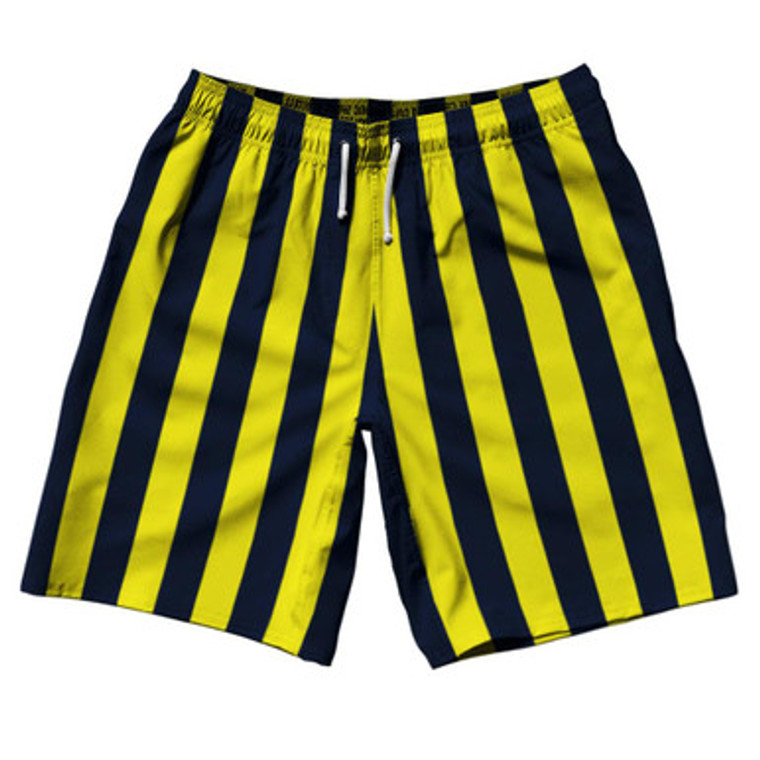 Navy Blue & Canary Yellow Vertical Stripe 10" Swim Shorts Made in USA by Ultras