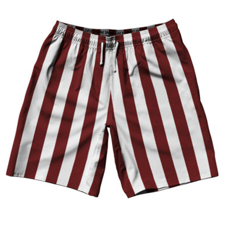 Maroon Red & White Vertical Stripe 10" Swim Shorts Made in USA by Ultras