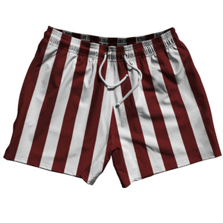 Maroon Red & White Vertical Stripe 5" Swim Shorts Made in USA by Ultras