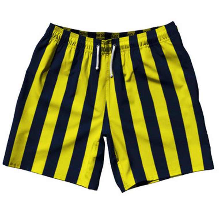 Navy Blue & Canary Yellow Vertical Stripe Swim Shorts 7.5" Made in USA by Ultras